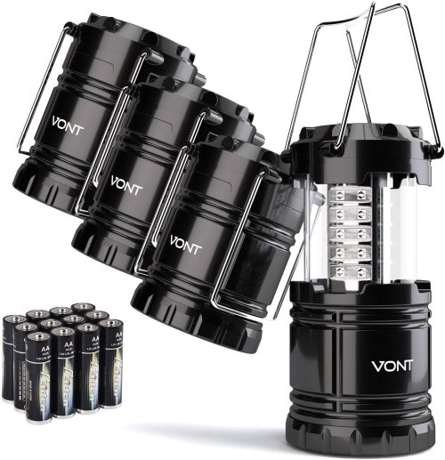 Vont 4 Pack LED Camping Lantern, LED Lanterns, Suitable Survival Kits for Hurricane, Emergency Light for Storm, Outages, Outdoor Portable Lanterns, Black, Collapsible, (Batteries Included)