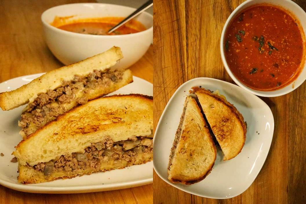 A venison grilled cheese sandwich paired with tomato soup