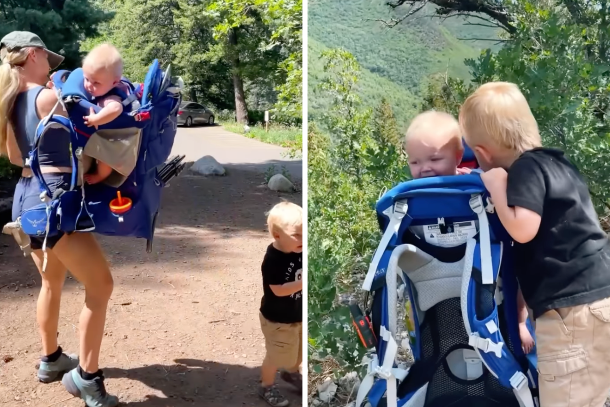 Hailey putting on her backpack and her kids snuggling at the summit