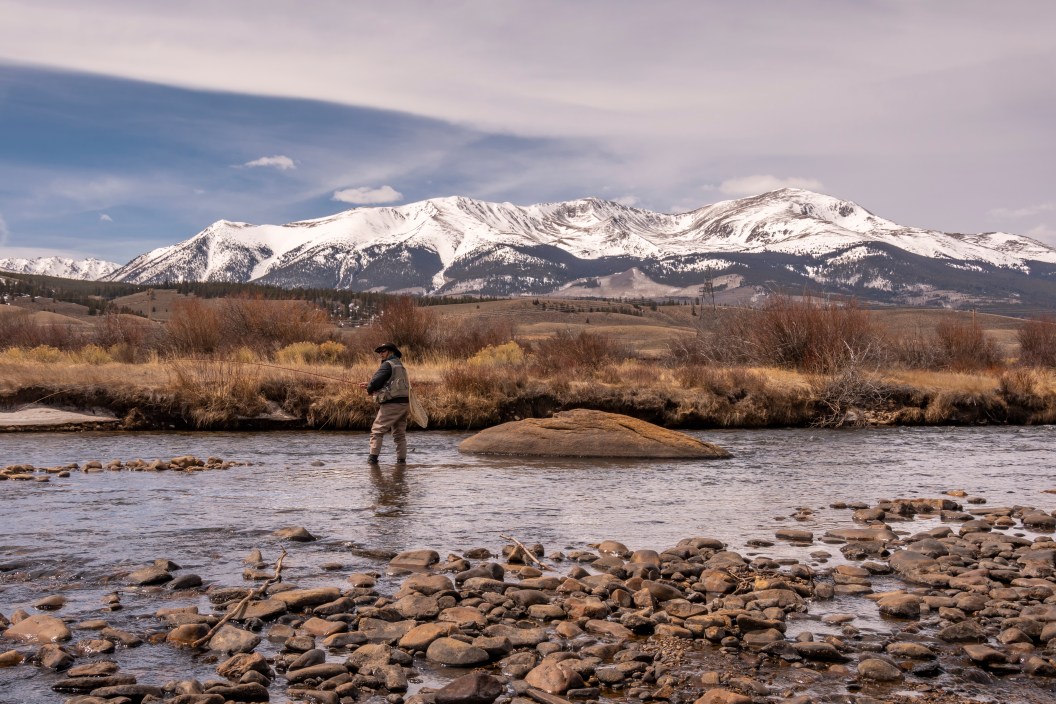 A middle-aged sports woman fly-fishing in the Arkansas River near Leadville, Colorado.