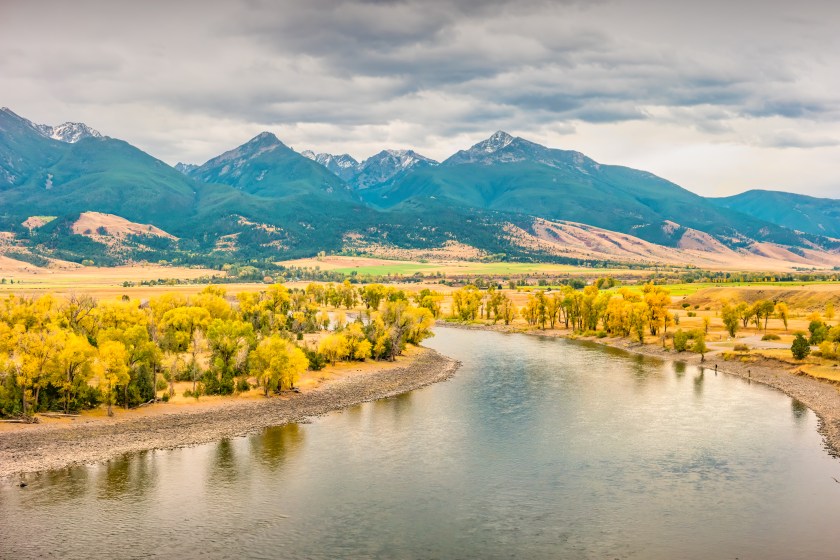Yellowstone River in Paradise Valley near Livingston, Montana, USA on an autumn day.