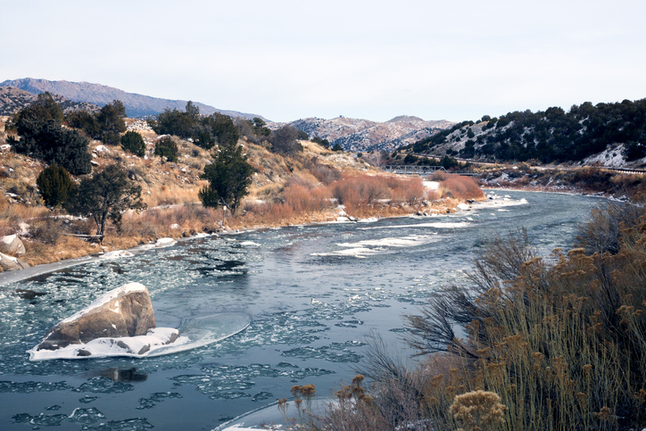 The shallow section of the Arkansas River in the upper reaches, the Rocky Mountains, Colorado, USA