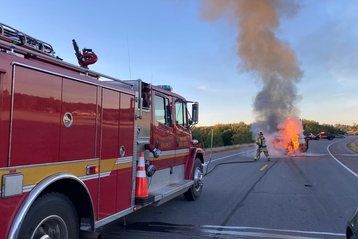 vehicle in flames on Hwy 47