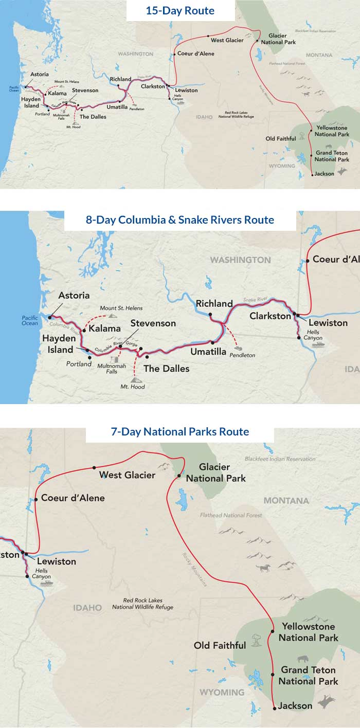 Map showing the new river cruise line trip of national parks