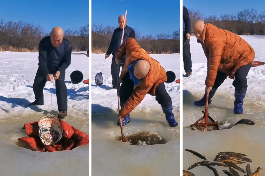 two men fish in the ice with a net