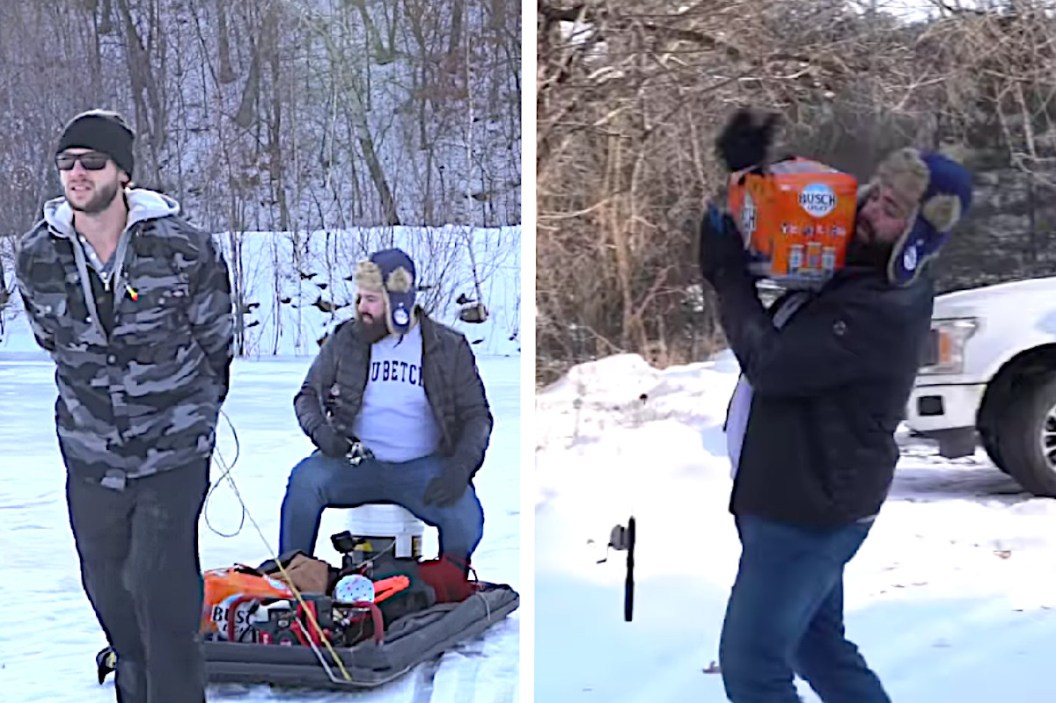 Ice Fisherman Takes Hilarious Spill After Shanty Suddenly Gets Dragged