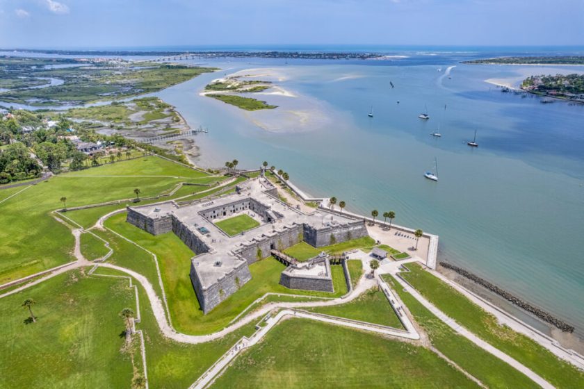 Aerial photograph of the Castillo de San Marcos in St. Augustine, Florida. Photo shot over land looking out to sea.