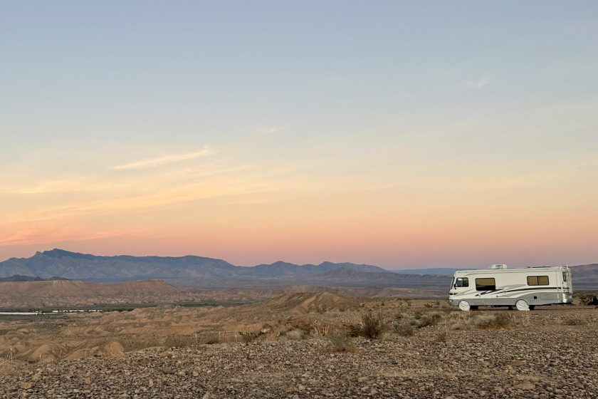 Rv parked on mesa in Nevada desert