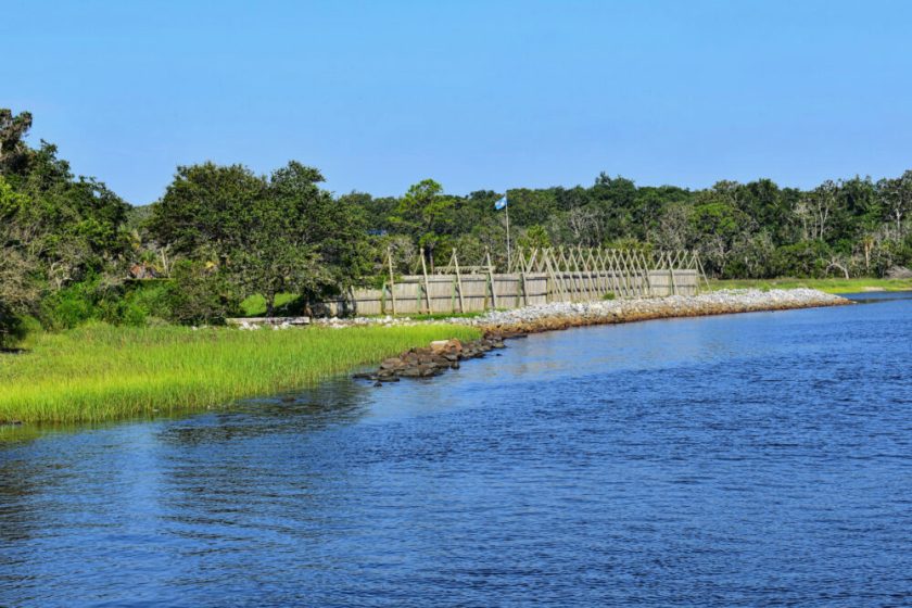 Image shows Fort Caroline National Monument as seen from the water