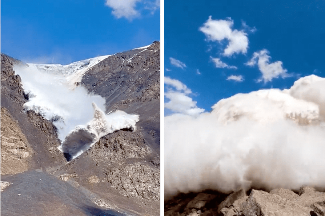 avalanche tumbles down Kyrgyzstan Mountain
