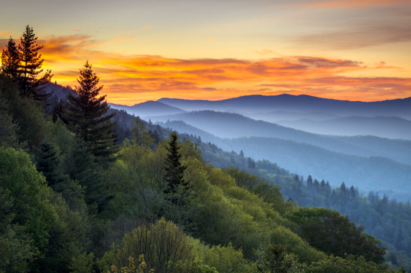 Great Smoky Mountains National Park Scenic Sunrise Landscape at Oconaluftee Overlook between Cherokee NC and Gatlinburg TN