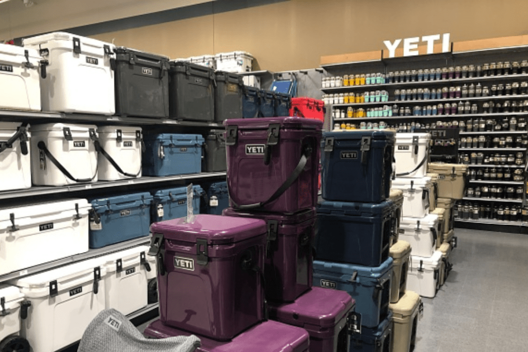 Yeti branded coolers and water bottles on display