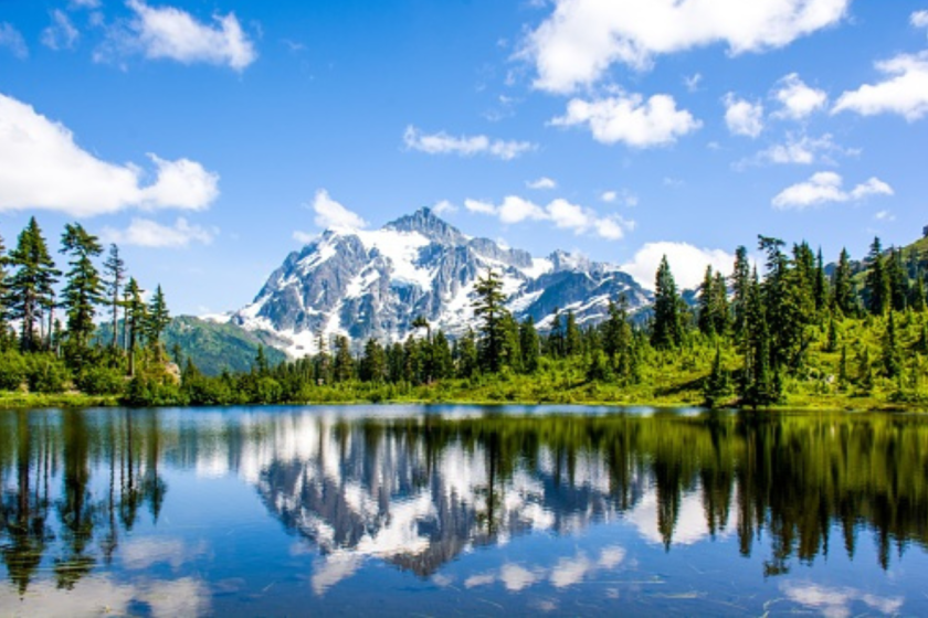 Mt. Shuksan reflected in Picture lake at North Cascades National Park, Washington, USA