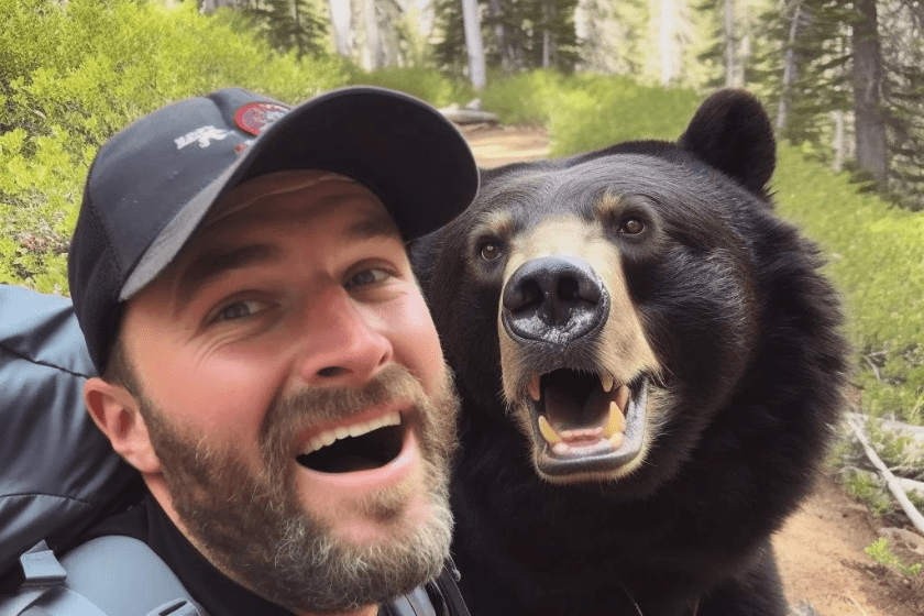 AI-generated picture of a man with a bear. 