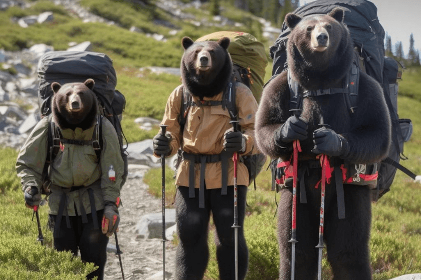AI generated picture of three bears decked in hiking gear.