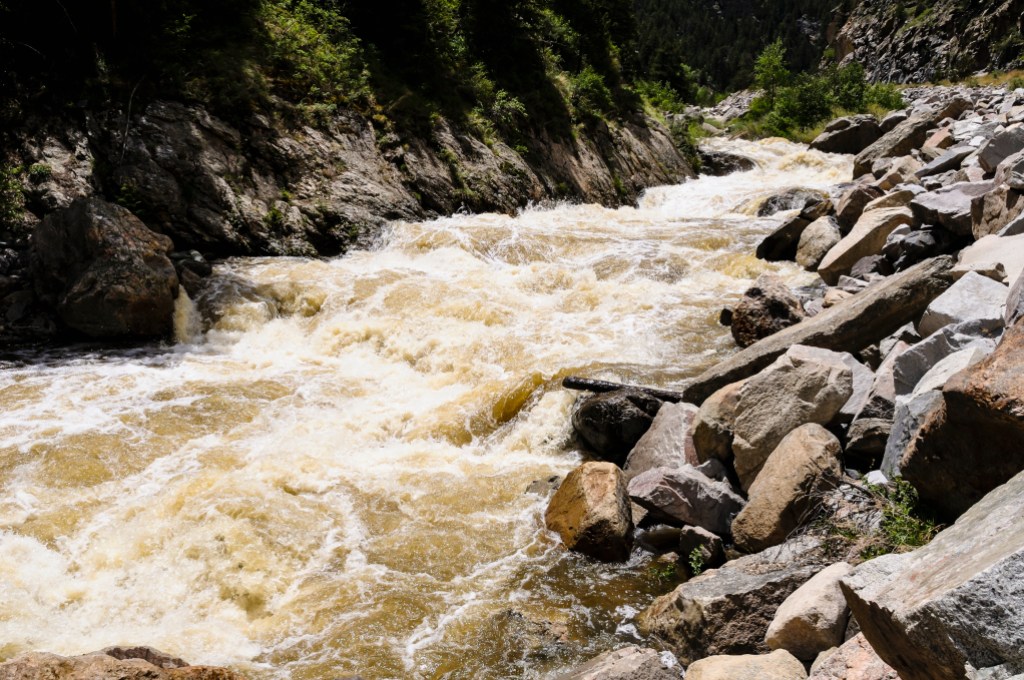The raging Big Thomspon River during the spring melt in Colorado.