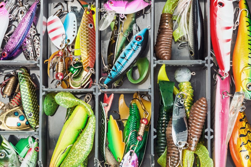 Fishing lures and accessories in box