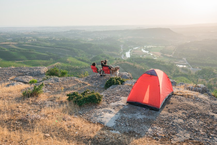 Father and son with their dog camping on mountain peak. 