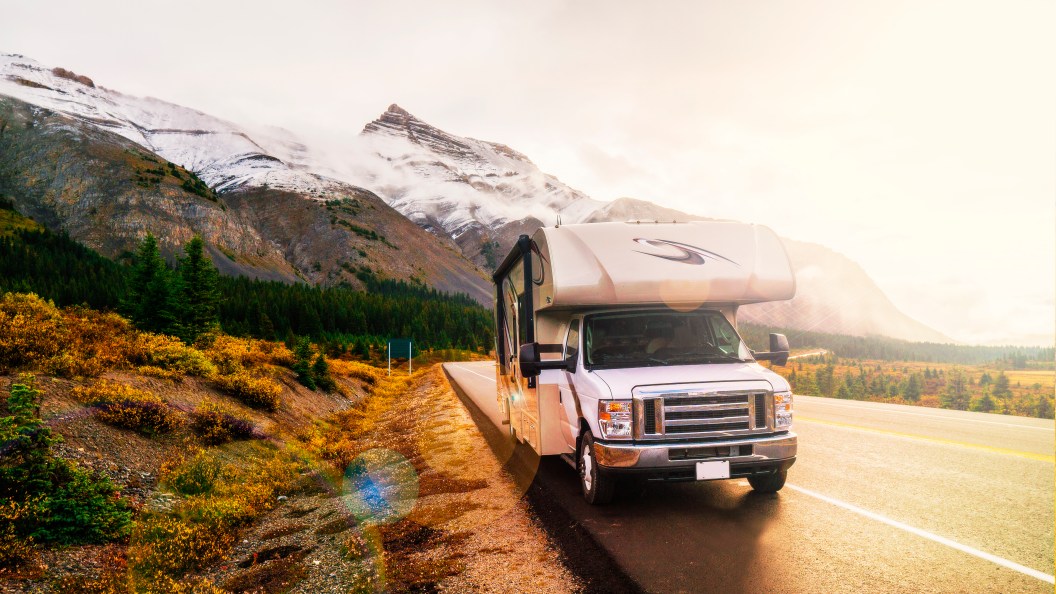 RVing In The Mountains In Class C Motorhome Landscape At Sunset in Jasper, AB, Canada