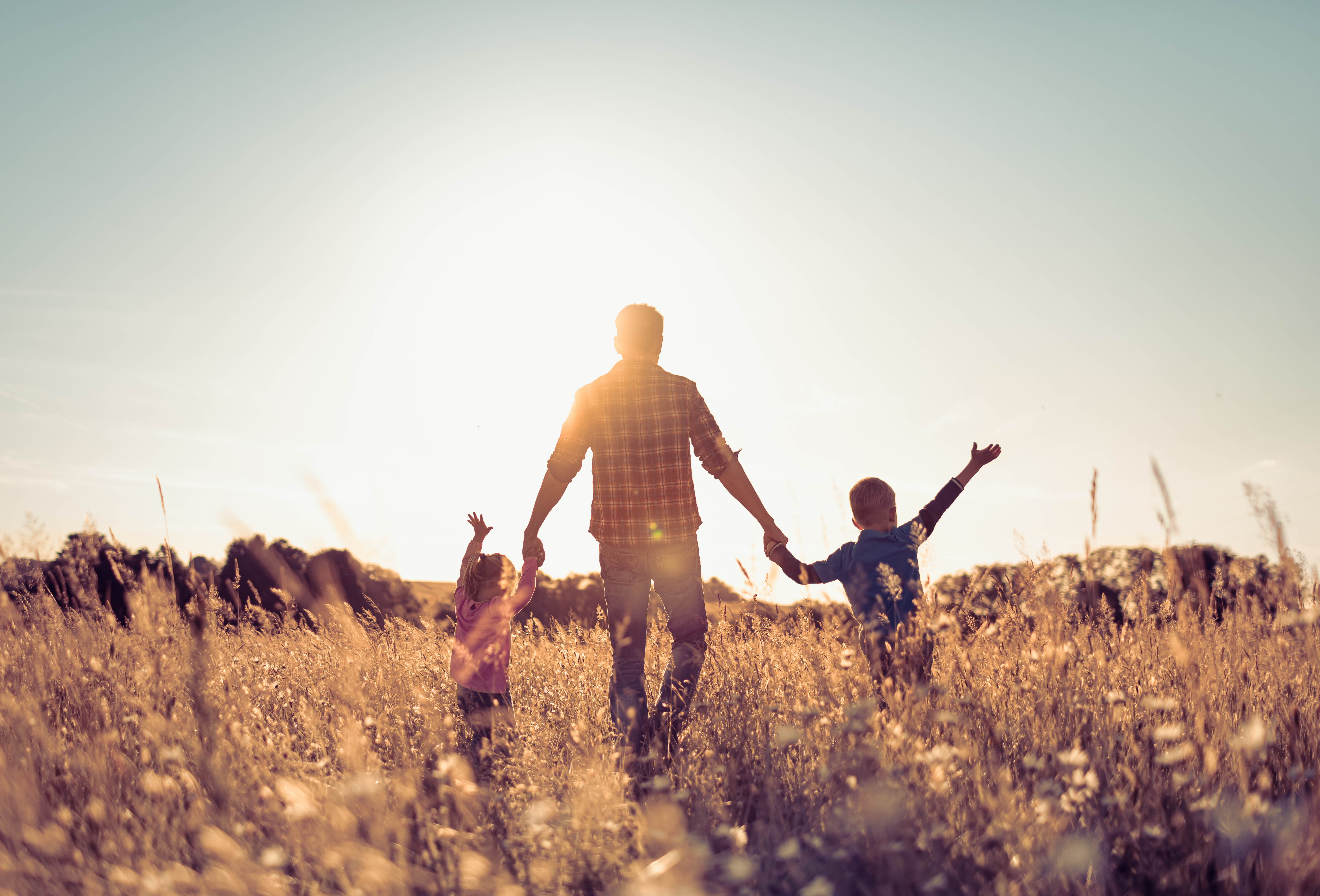 Happy father, children son and daughter walking in a field towards nature sunset