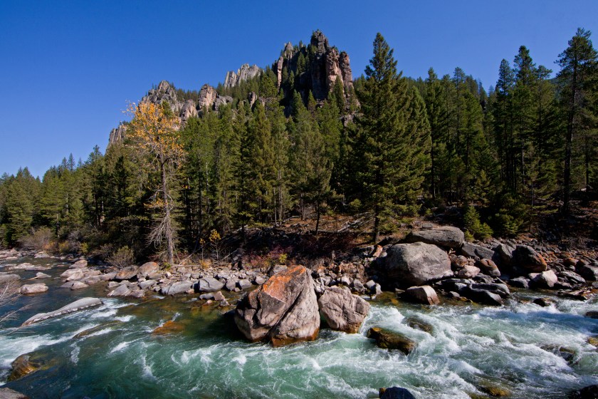 Gallatin River near Big Sky, Montana on a clear day.