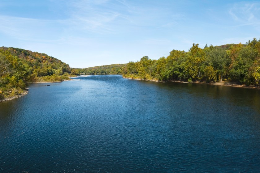 A panoramic view of the Delaware River near Washington Crossing, between Pennsylvania and New Jersey.