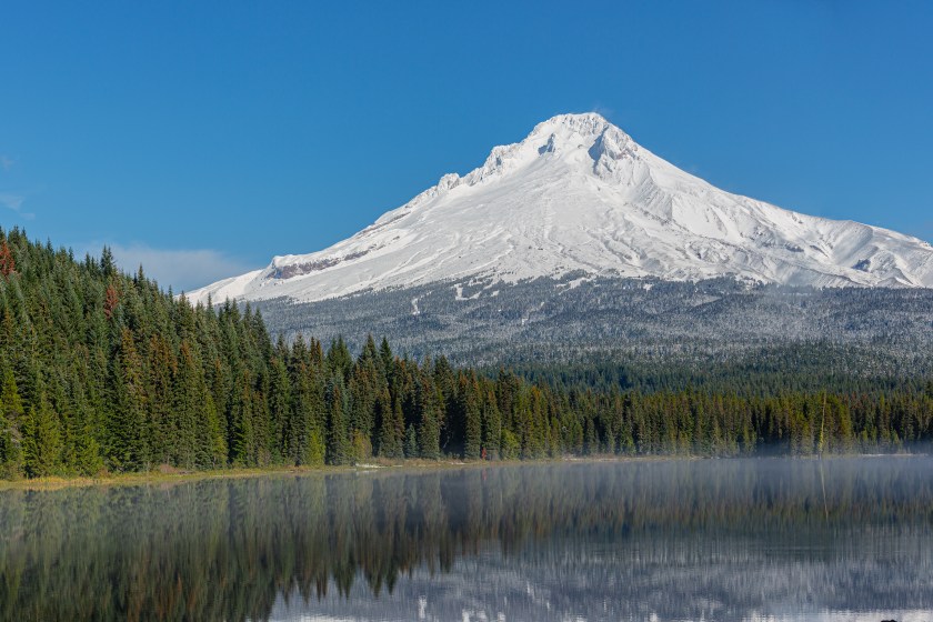 Mt. Hood, Oregon, USA - October 27, 2022: Views of Mt. Hood Lake Trillium and surrounding forests. 