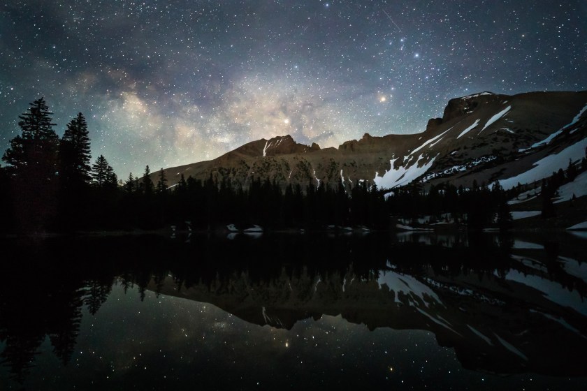 Stars reflecting in lake at 10,000 feet in Great Basin National Park, Nevada