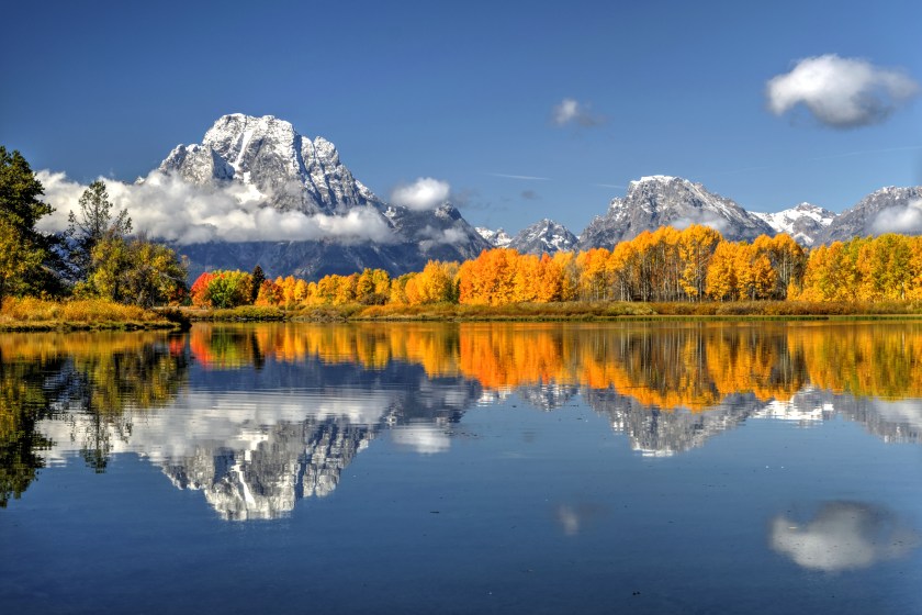Autumn reflections along Oxbow Bend in Grand Teton National Park just after sunrise on a perfect September morning. 