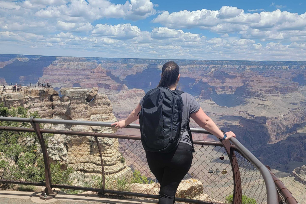 A person wearing the able carry max backpack while at the Grand Canyon