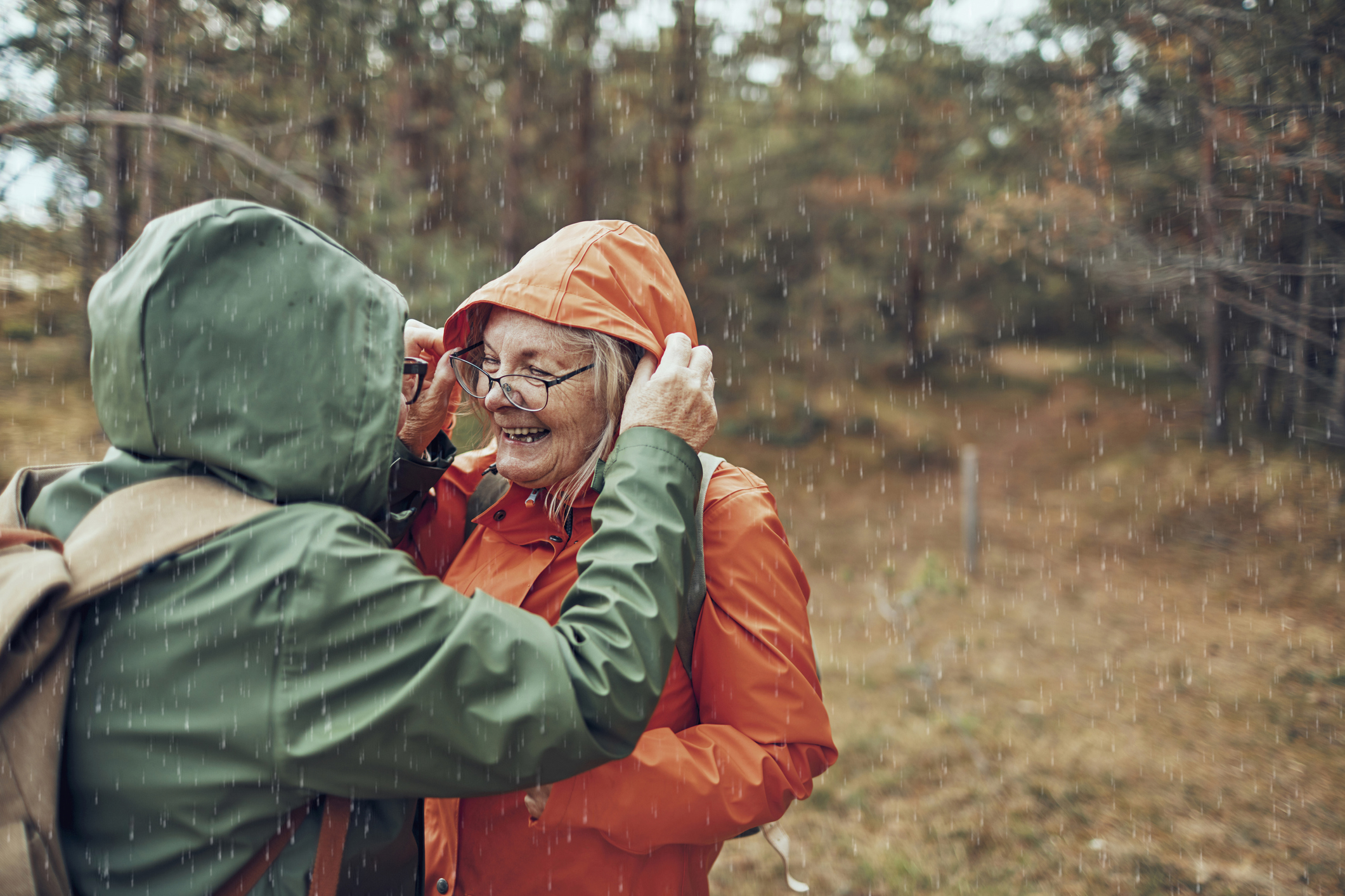 Seniors Hiking in the Rain