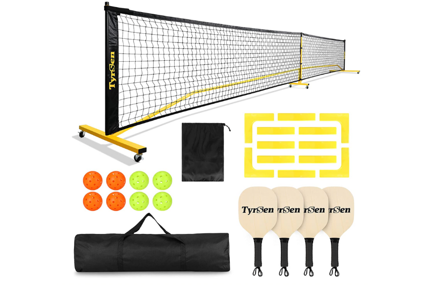 Pickleball set with 4 paddles, 8 balls, and a wheeled net. 