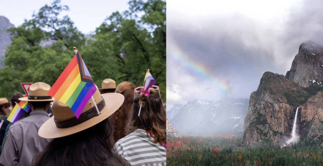 National Park Service ranger with rainbow pride flag at Yosemite