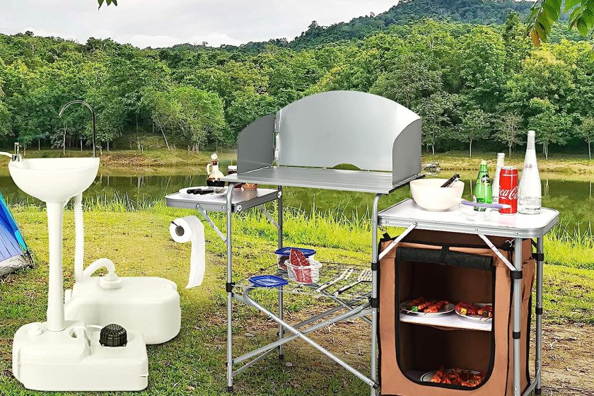 Goplus Camping Kitchen Table, Portable Outdoor Cooking Table