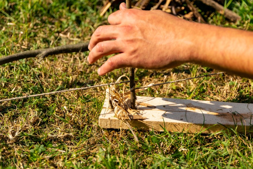 Hands using the bow drill method to start a fire.