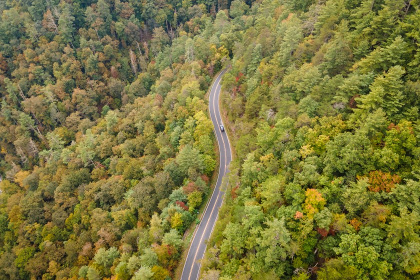 Drone view of winding road in the Pisgah National Forest in North Carolina in the fall.