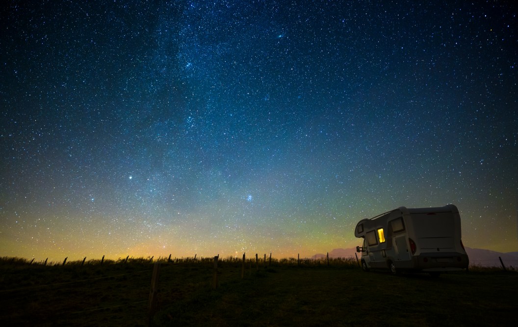 RV at night under the starry sky, milky way, concept for camping, galaxy, universe