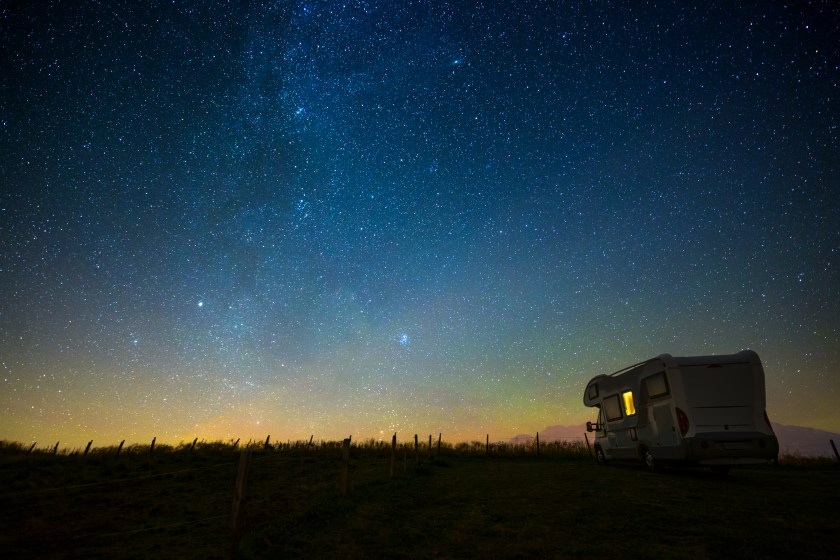 RV at night under the starry sky, milky way, concept for camping, galaxy, universe