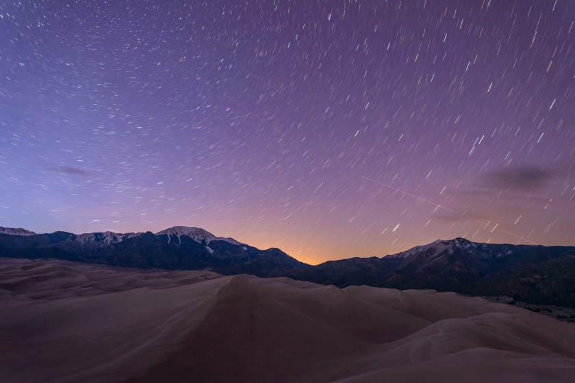 Starry night at Great Sand Dunes in Colorado.