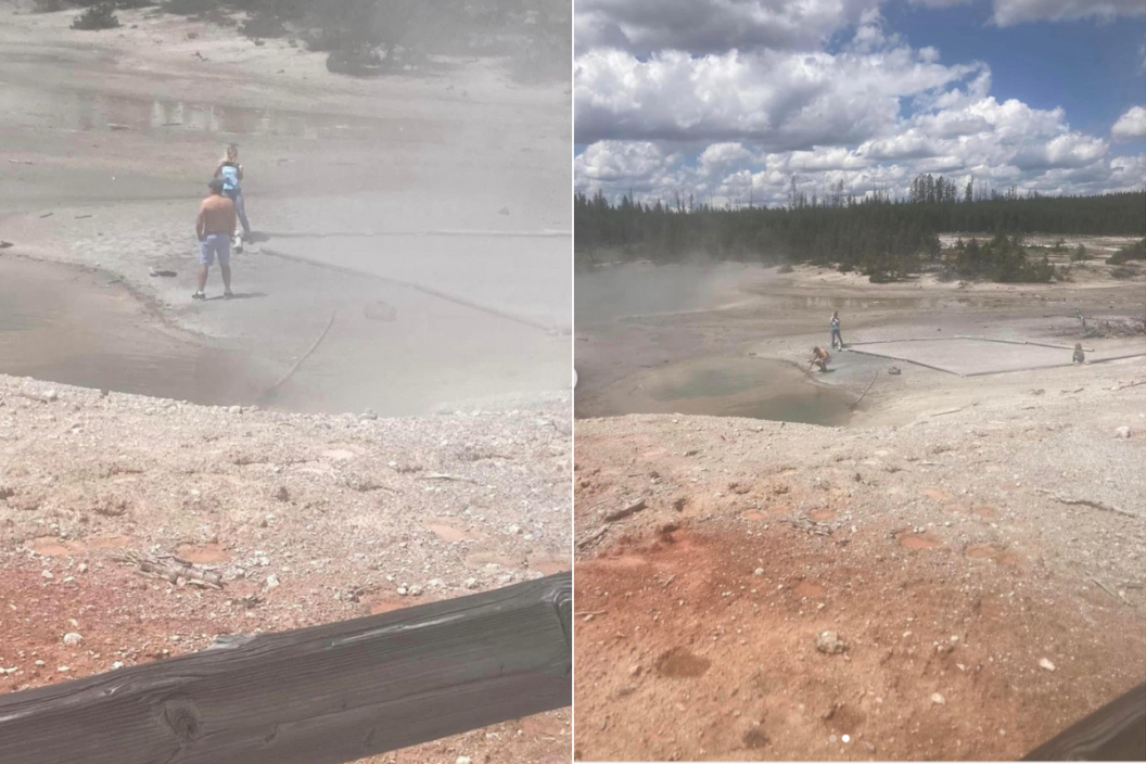 Two tourists go off path in Yellowstone by Green Dragon Spring.