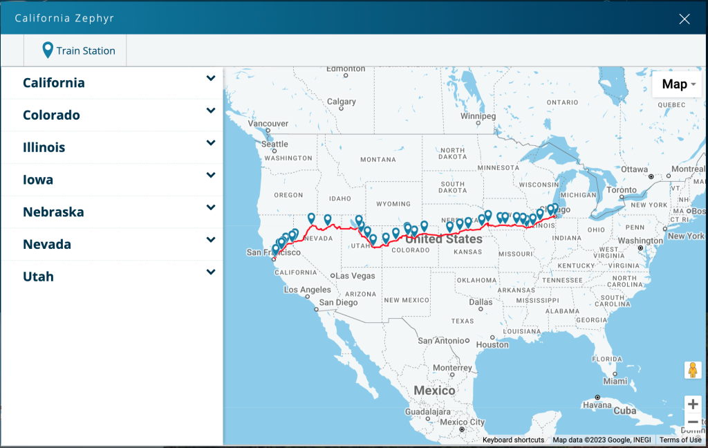 route map for the California Zephyr Train 