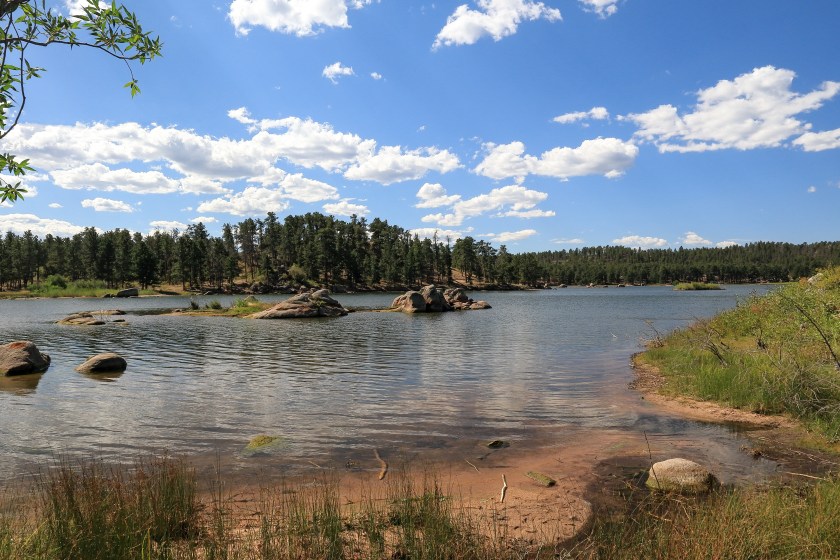 Beautiful Dowdy lake, part of Red Feather lakes recreation area near Fort Collins, Colorado, on a bright sunny day. Colorado campsites