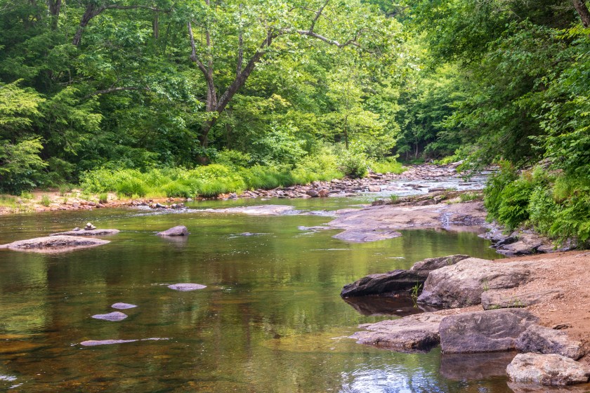 The Salmon River flows through the woods on a summer day in East Hampton, Connecticut.
