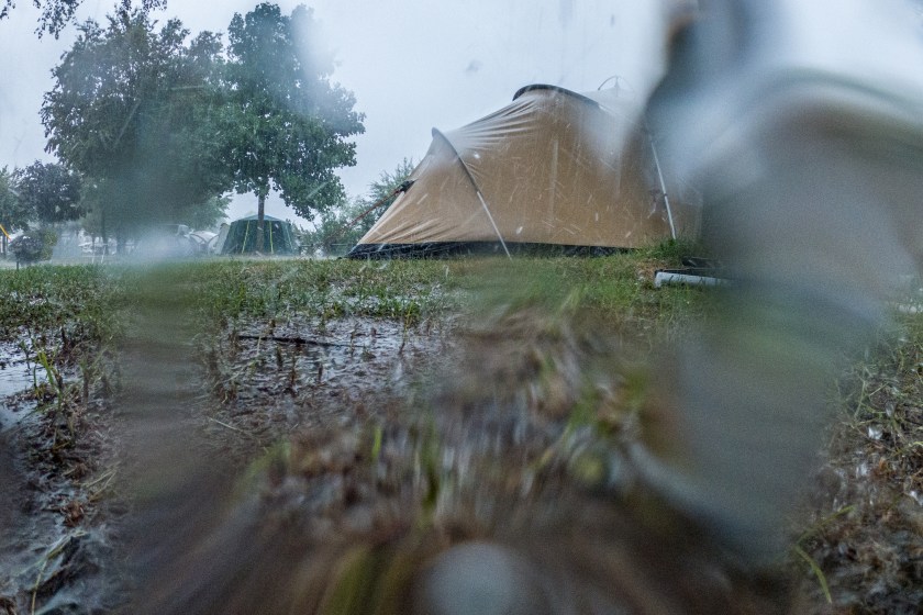 Soaking wet tent caught in a rainstorm in Summer, torrential rain