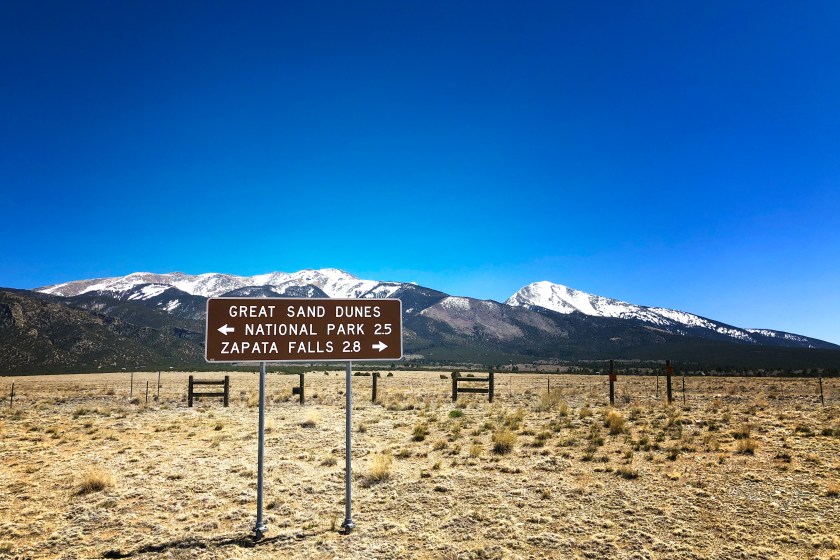 Directional Sign to Great Sand Dunes, Colorado. Colorado campsites