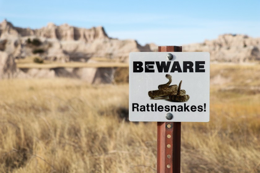 Sign warning of rattlesnakes in the Badlands of South Dakota