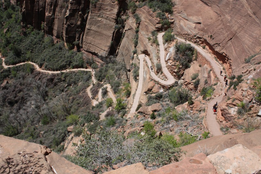 Looking down on Angel's Landing hiking trail in Zion National Park, Utah.