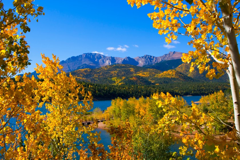 Crystal Reservoir in the fall with Pikes Peak in the background. 