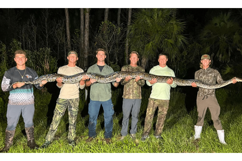 Cronin and the snake hunters with Burmese python.