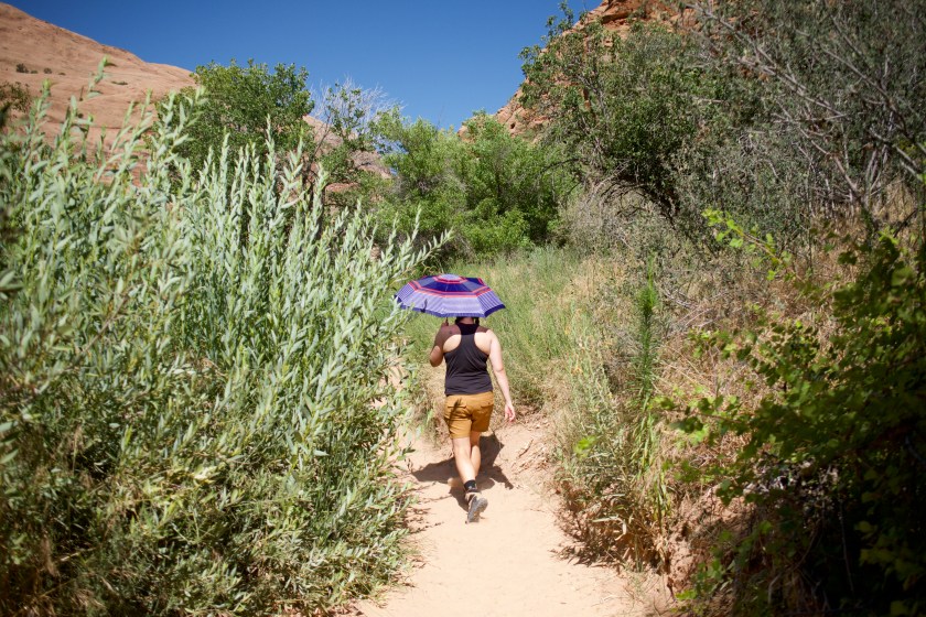 Author walking down a trail with a sun umbrella held over their head 